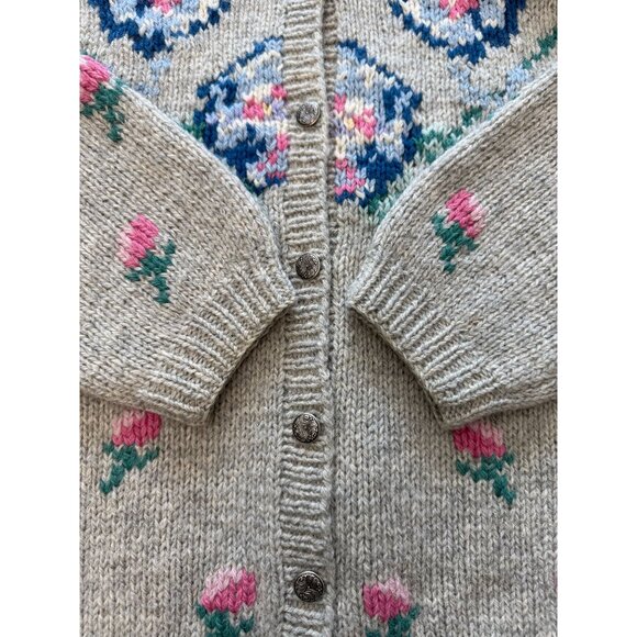 Vintage Eagles Eye Womens M Cardigan Wool Floral Tan Blue Pink Button Up Sweater - Picture 11 of 16